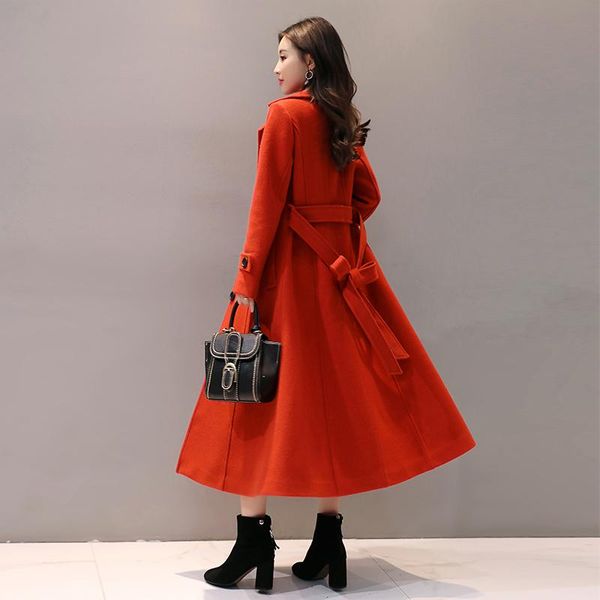 

women's wool & blends 2021 women x-long full large size slim belt coat, Black