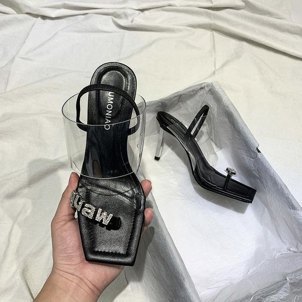 

summer slide women lady black pvc rhinestone crystal high heels shoes pumps open toe sandals flip flop slippers square heel