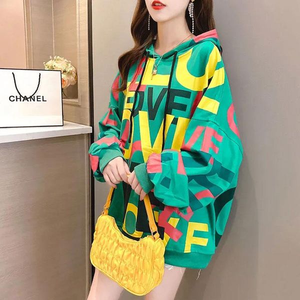 

women's hoodies & sweatshirts velvet/no velvet mid-length hip-hop hooded sweater oversized spring and autumn print loose women clothes, Black