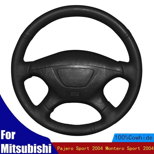 

steering wheel covers diy car cover hand-stitched black genuine leather for mitsubishi pajero sport 2004 montero