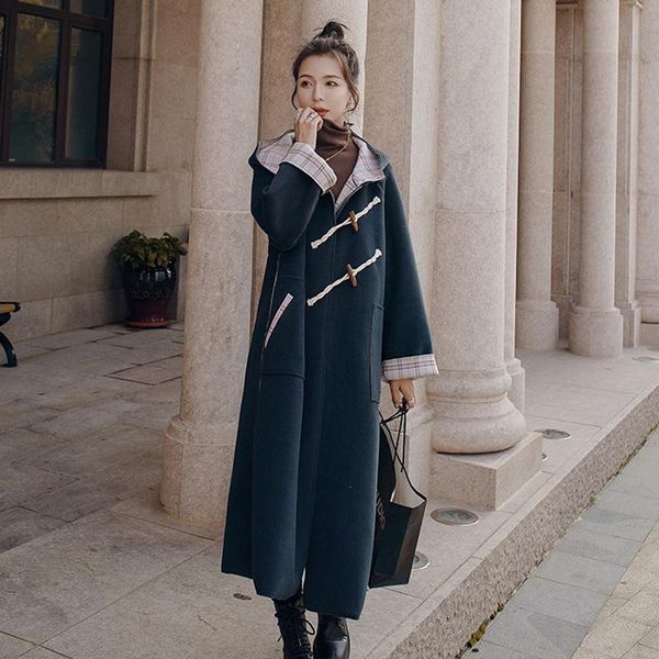 

women's wool & blends woolen coat women 2021 autumn winter windbreaker female outerwear fashion mid-length overcoat thick loose hooded, Black