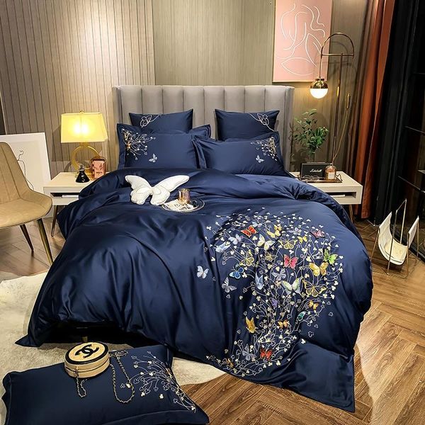 

bedding sets vintage flowers butterflies embroidery 600tc egyptian cotton soft silky scarf duvet cover flat/fitted bed sheet antique