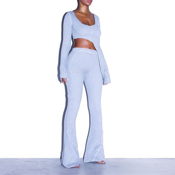 

2021 new fashion 2 two piece set women ribbed v neck long sleeve and matching pants autumn tracksuit workout, White