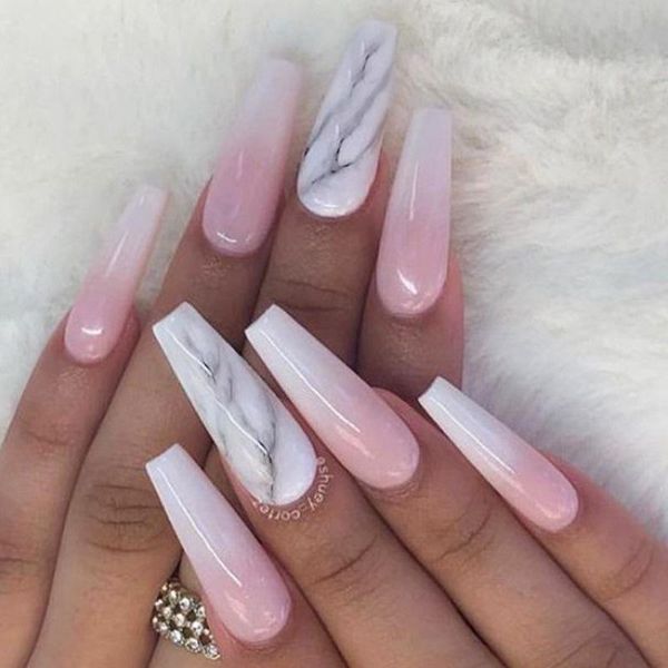 

false nails 24pcs artificial pink gradient nail patch marble pattern glue type removable long paragraph fashion manicure, Red;gold