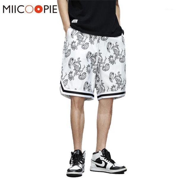 

men's shorts summer cool ice silk knee lenghth men cashew flowers printed short homme streetwear hip hop loose sportwear sweatpants, White;black