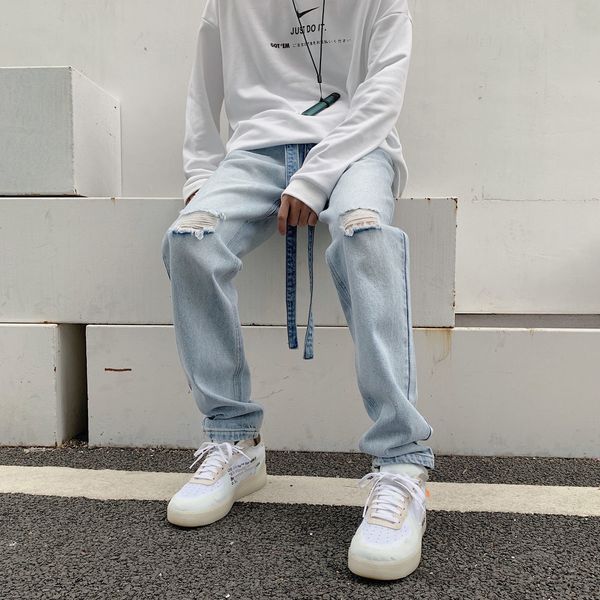 

casual men's oversize 2021 spring summer new woman hip hop denim pants male korean streetwear straight jeans jb0v, Blue