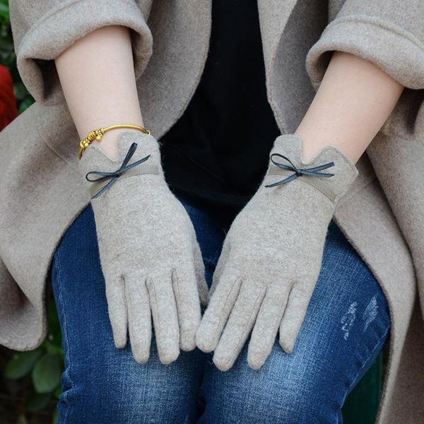 

five fingers gloves women winter wool cashmere keep warm touch screen plus velvet inside bow elegant female simple style embroidery, Blue;gray