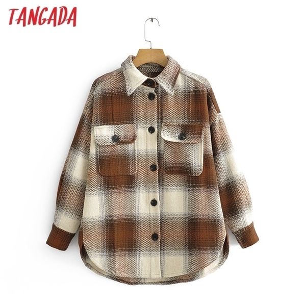 

tangada women brown plaid thick coats jacket loose long sleeves pocket ladies elegant autumn winter coat 3r7 y201006, Black;brown