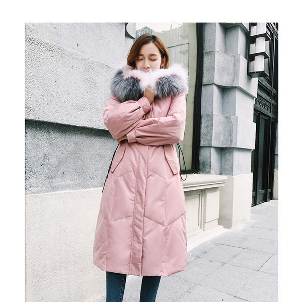 

2021 winter jacket women fashion colorful big fur collar hooded cotton jacket coat women over the knee long thick parka femme, Black