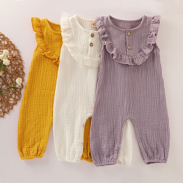 Rompers Ins Summer Baby Kids Abbigliamento Girl Girper Giarno O-Sleeveless Solid Color Ruffles Design Infant Simple 100% Cotton