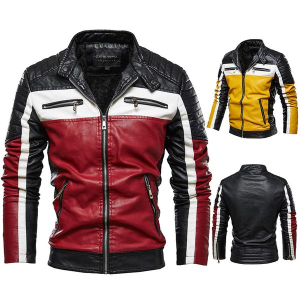 

winter fleece leather jackets coat men slim fit jacket modern contrast color motorcycle boy outerwear coats, Black;brown