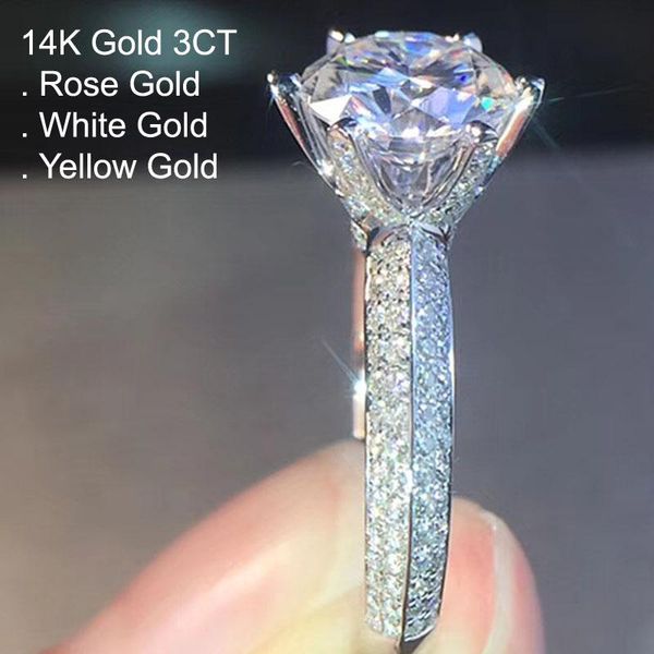 

cluster rings 14k gold 3 moissanite diamond ring women luxury round crown rotate wedding party engagement anniversary ct d color, Golden;silver