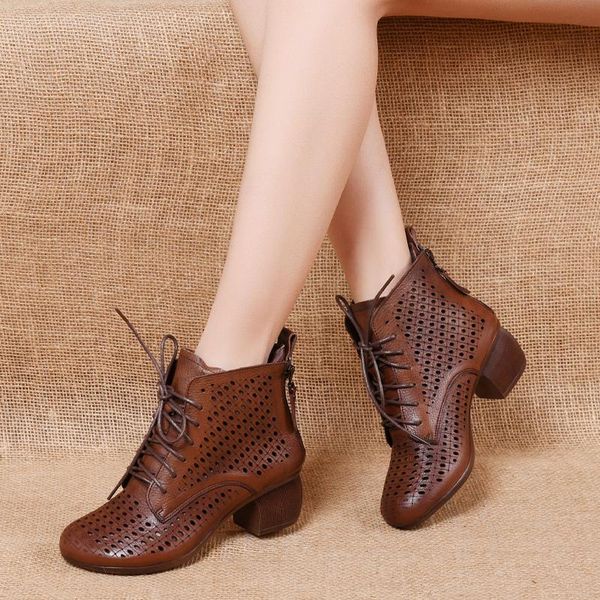 

sandals gktinoo 2021 summer ankle boots genuine leather shoes women med high heel back zipper cutout breathable mujer zapatos, Black