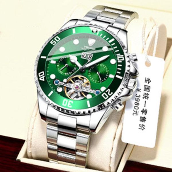 

wristwatches men's mechanical watch luxury brands fashion business green waterproof sports stainless steel tourbillon, Slivery;brown