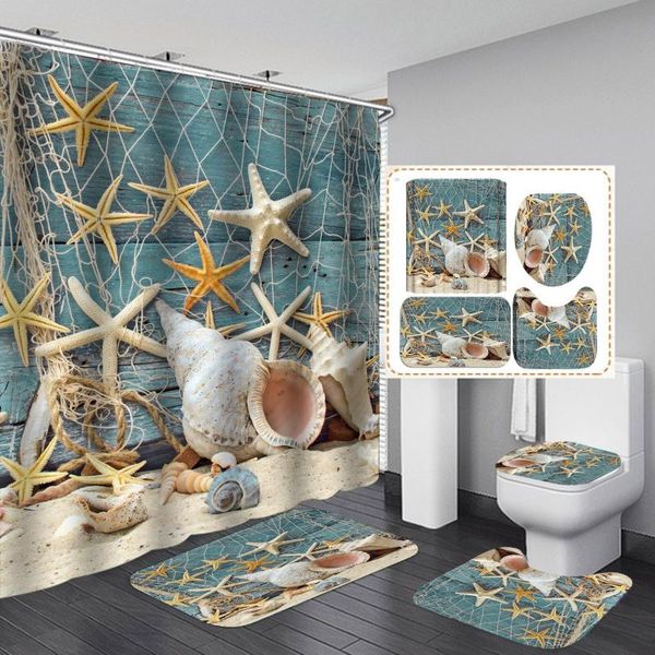 

starfish shell print shower curtain toilet mat floor mat 4 piece set thick polyester bathroom shower curtains