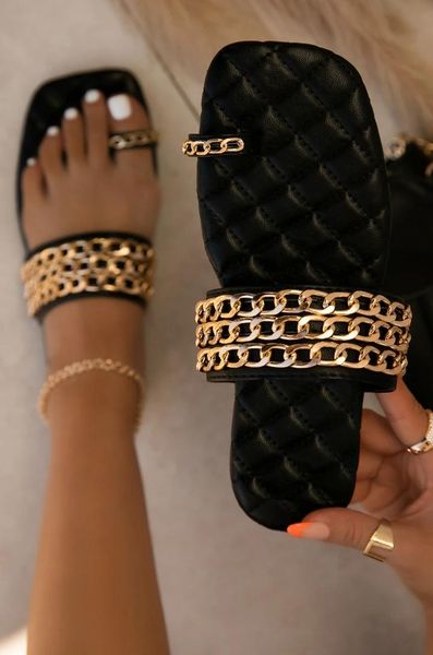 

slippers summer women fashion outdoor solid leather metal chain decoration ring toe flip flops trend ladies shoes female, Black