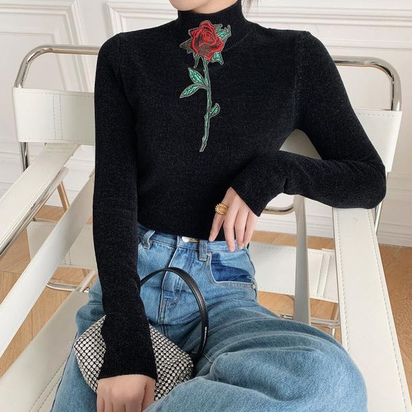 

women's sweaters high fashion vintage red rose embroidery applique ladies stretch pullover black turtleneck base sweater 2021 women clo, White;black