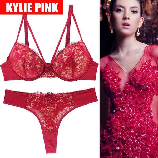

bras sets kylie pink women's bra thong suit underwear set small chest lace lingerie gilrs low-cut, Red;black