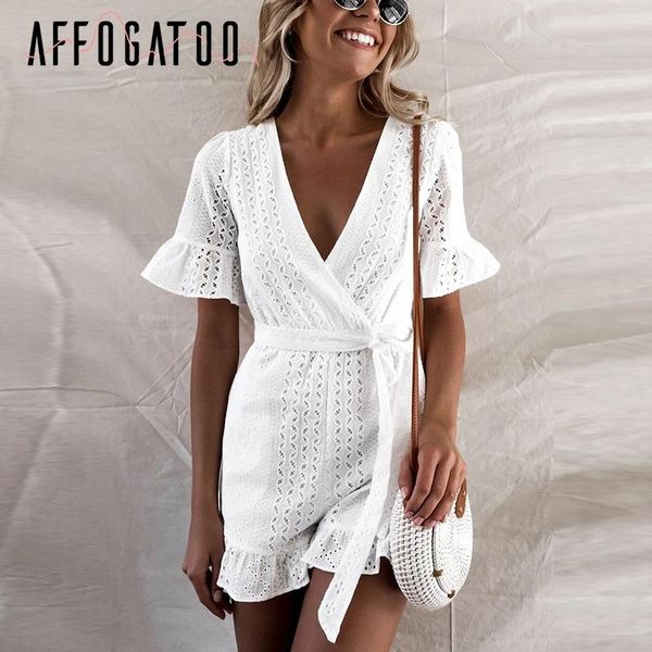 

women's jumpsuits & rompers affogatoo v neck ruffle romper women jumpsuit elegant high waist cotton short embroidery sash playsuit summ, Black;white
