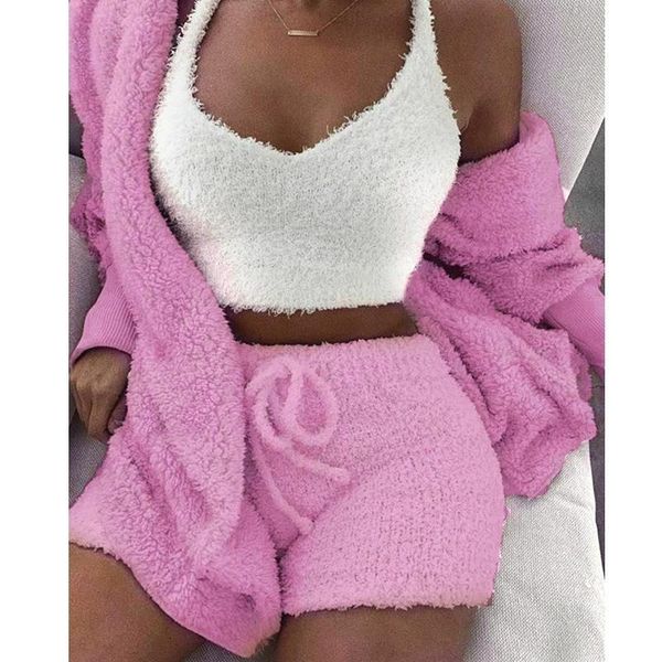 

fluffy hooded long sleeves coat open front teddy shorts vest set for women winter aic88, Gray