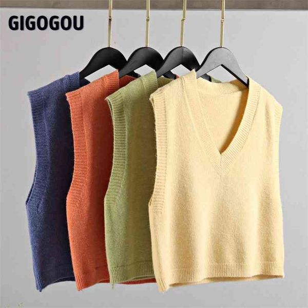 

gigogou cashmere sleeveless knitted vest women spring autumn korean lshort style v-neck wild retro waistcoat outer sweater 210819, Black;white