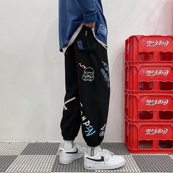 

men's pants 2021 autumn hong kong style plus size printed cropped trousers, Black