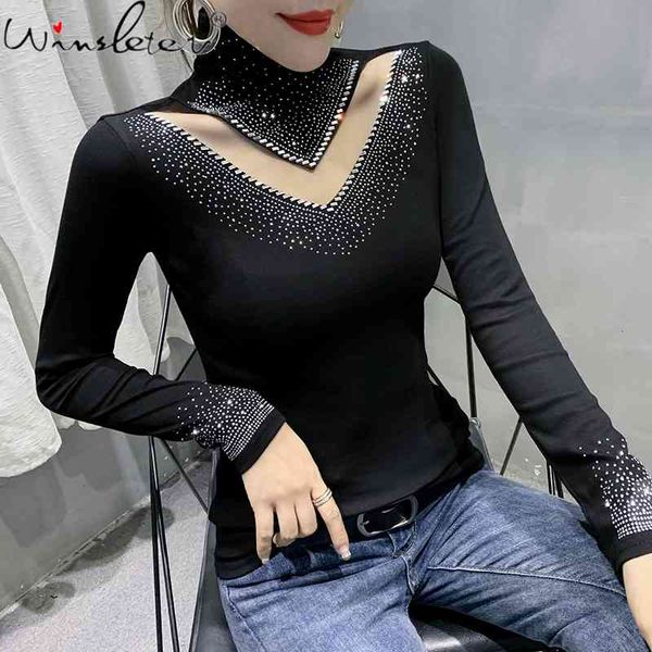 

women's t-shirt fall winter korean style t-shirt chic transparent shiny cotton diamonds women ropa mujer bottoming shirt, White