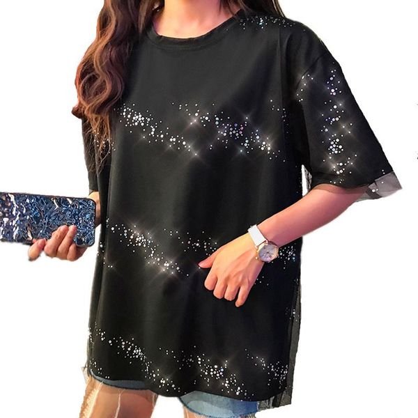 

women's t-shirt summer women fake 2 piece stitching transparent mesh pullover tshirt short sleeves shiny diamonds casual loose t shirts, White