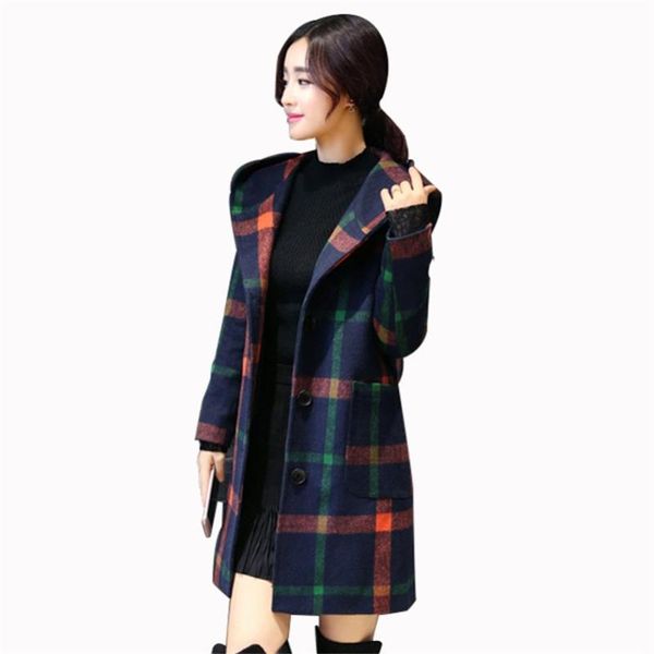 

women's trench coats spring and autumn winter england college wind coat jacket long slim hooded woolen plaid windbreaker jq323, Tan;black
