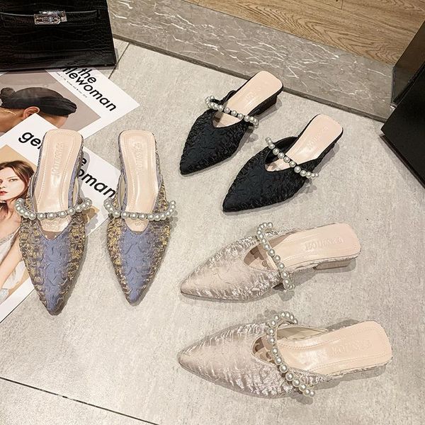 

slippers female shoes string bead cover toe low casual square heel slides mules for women 2021 luxury block soft pu cotton f, Black