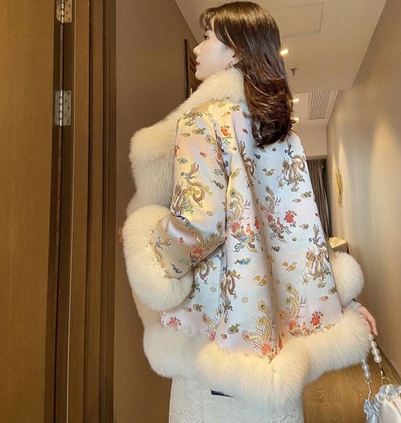 

winter chinese style embroidery flower silk spliced faux fox fur coat long sleeve women jacket mid long outerwear, Black