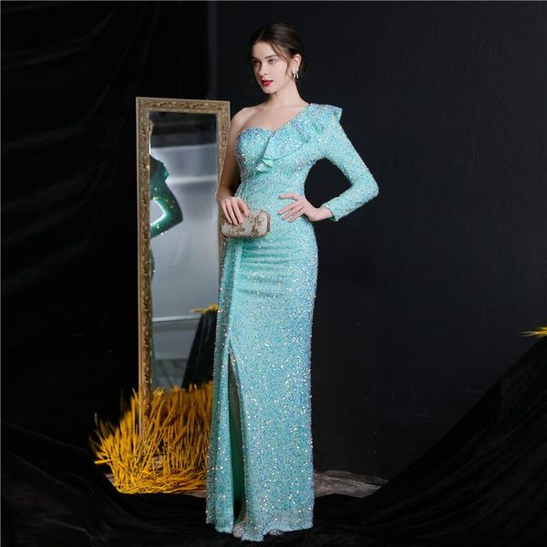 

party dresses women elegant one shoulder long sleeve evening dress hight slit gold sequin 2022 ruffles maxi, White;black