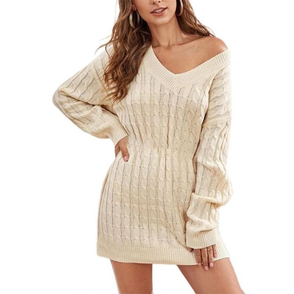 

casual dresses for women 2021 long sleeve ribbed cuffs mini sweater dress autumn winter solid color v-neck twist knitted knitwear, Black;gray