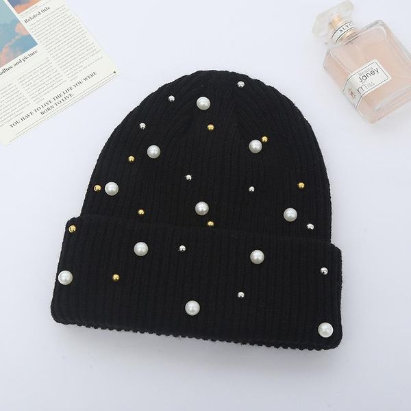 

beanie/skull caps fashion pearl rhinestones knitted hats for women winter warm beanie solid color casual lady cap, Blue;gray