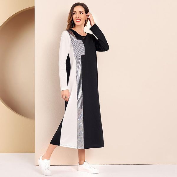

casual dresses women dress sequin panel colorblock o neck long sleeve maxi, Black;gray