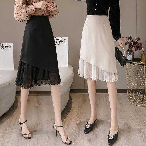 

skirts irregular mesh skirt spring 2021 women's bag hip medium length a-line high waist one-step, Black