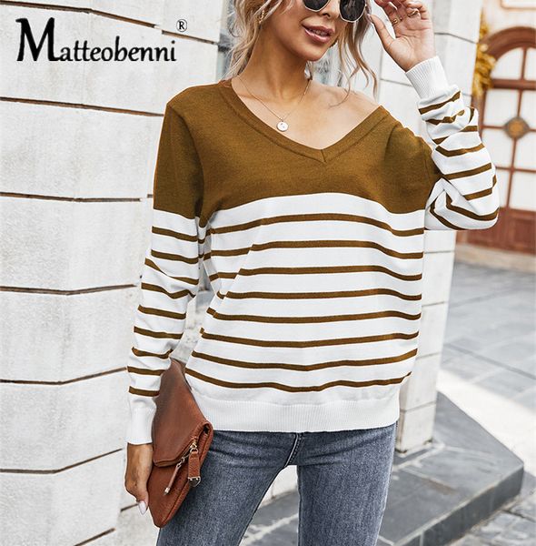 

2021 new women autumn long sleeve loose stripe patchwork v-neck sweater winter pullover s-xl female jumper 6jbb, White;black