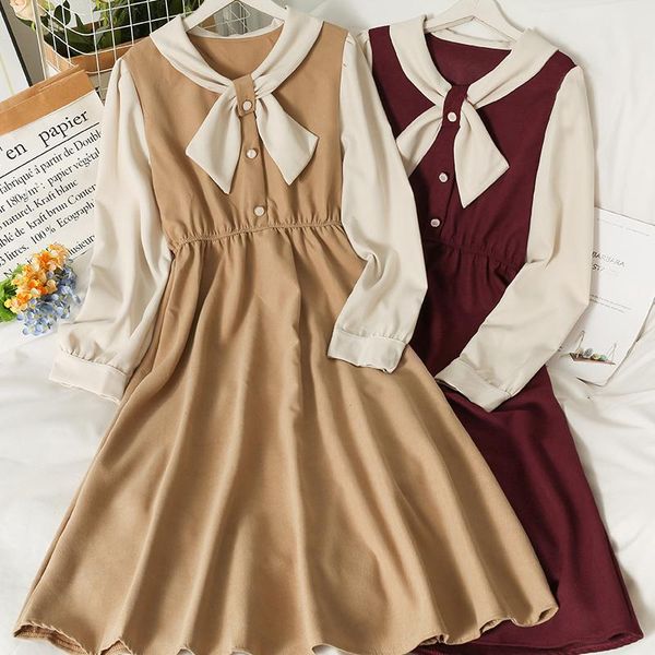 

casual dresses hong kong style retro contrast color stitching high waist mid-length large swing skirt female 2021 bow roundneckdress autumn, Black;gray