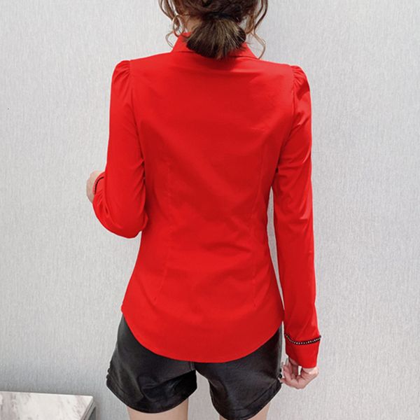 

2021 new spring fall european clothes blouse fashion shiny diamonds with tie button cardigan ropa mujer cotton shirt t00007a 4dmd, Black