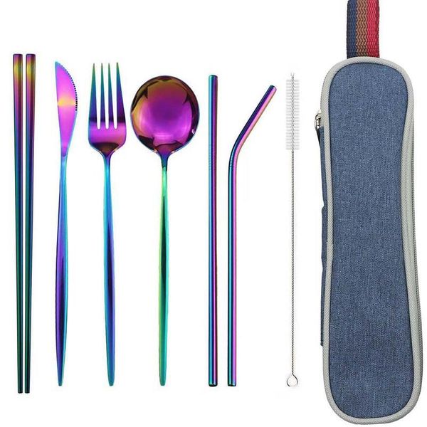 

8pcs/set dinnerware set reusable travel stainless steel tableware set camp cutlery spoon fork chopsticks straw porta jllpyl