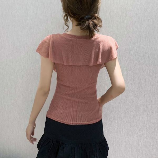 

2021 new summer european clothes t-shirt v-neck hollow out beading ruffles women ropa mujer vintage ruffle sleeve tees t06216 b7xp, White