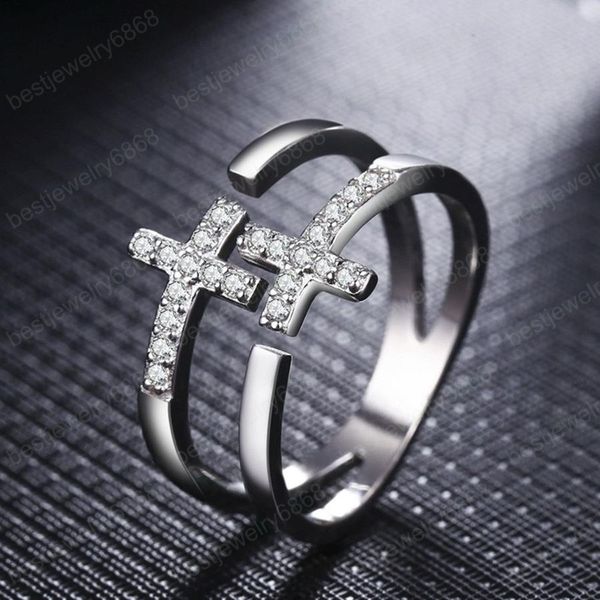 Duplo Camada Diamante Cruz Ring Band Finger Jesus Jesus Acredite Aberto Ajustável Oco Empilhamento Anéis Casal Casal Moda Jóias Presente
