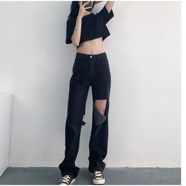 

women's jeans 2021 spring and autumn with hole loose straight fashion female long zipper jean pant, Blue
