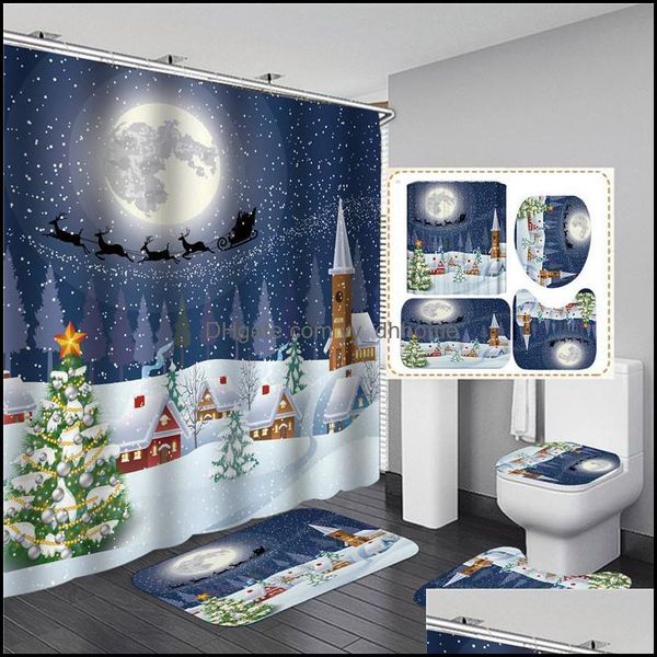 Chuveiro cortinas banheiro Aessórios Banheira Casa Jardim Feliz Natal Cortina Set Azul Alces com Anti Slip Toilet Tapete Tapete Produtos Dez