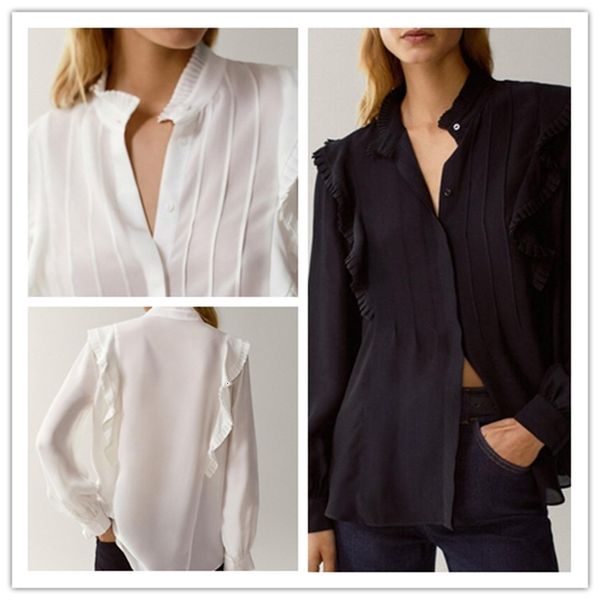 

2021 women autumn new fold decoration ladies casual shirt solid color 2vr6, White