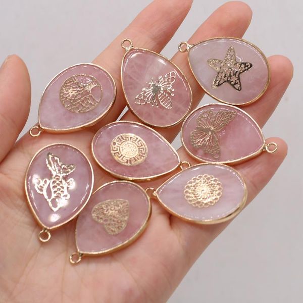 

charms natural semi-precious stone pendant water droplets shape gilded edge rose quartz for jewelry making necklaces gift, Bronze;silver
