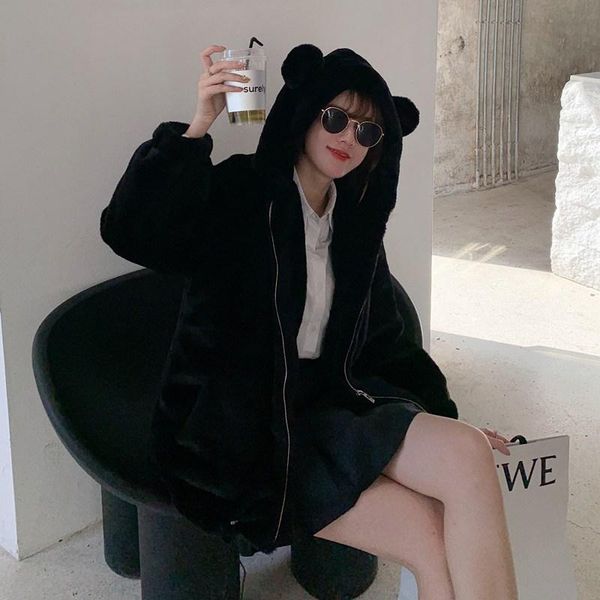 

women's fur & faux winter jacket loose hooded coat for women solid color outerwear thick warm, Black