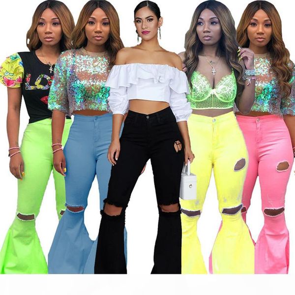

women plus size jeans denim fall winter clothing ripped solid color washed flared trousers leggings full-length pants bodycon sell 1661, Blue