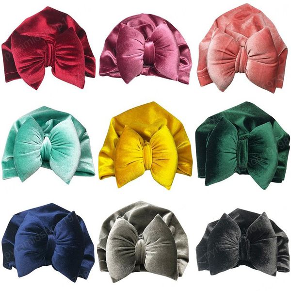 

newborn baby golden velvet bow knotted indian hat elastic cute children autumn winter caps turban cap solid color head wrap 9 colors, Yellow