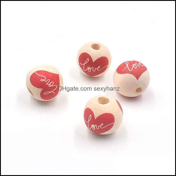vue materiale 16 mm perline di legno rotonde cuore rosso amore stampa San Valentino perline sfuse in legno gioielli fai da te consegna di goccia Aessory Pvemz